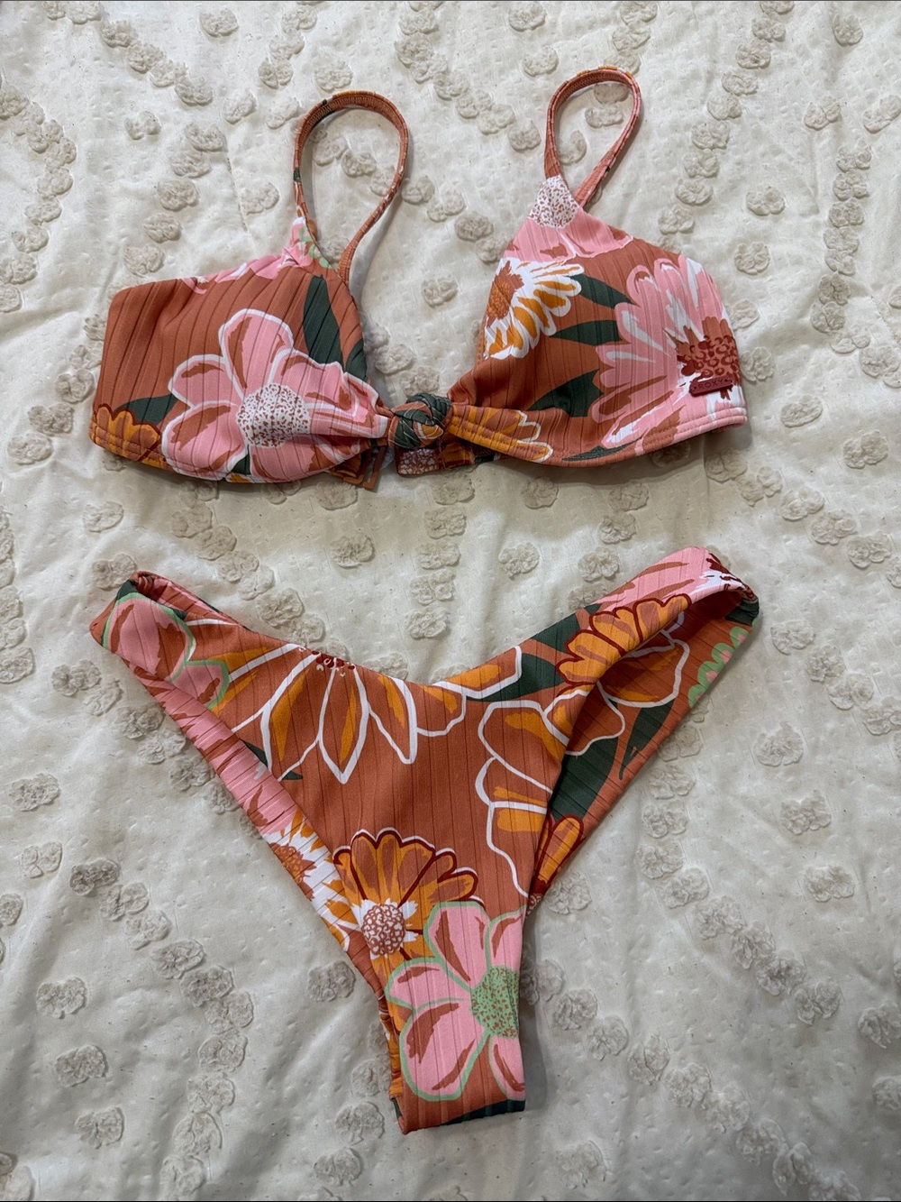 Roxy Love Floral Ribbed Two-Piece Bikini - Pink & Rust
